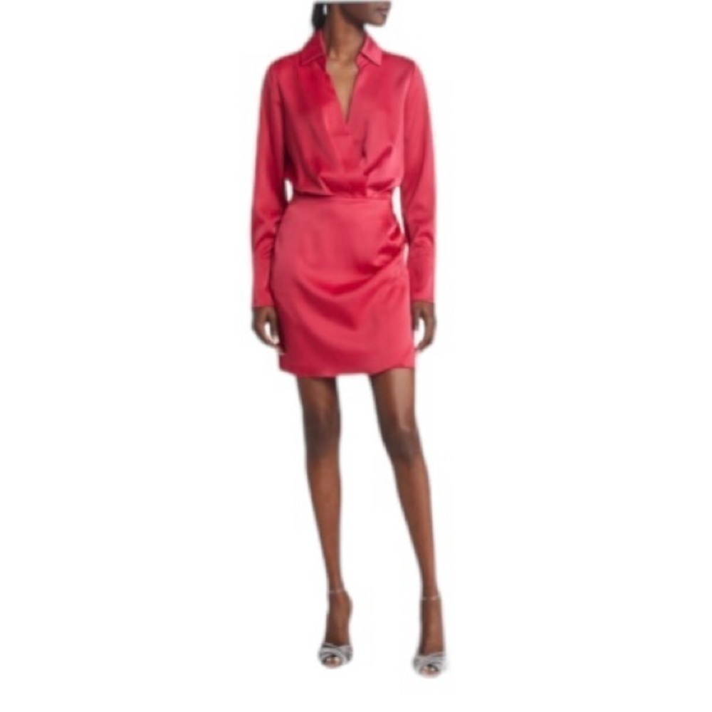 Charles Henry Long Sleeve Satin Faux Wrap Minidress Size XS (0-2) Color Fuchsia‎